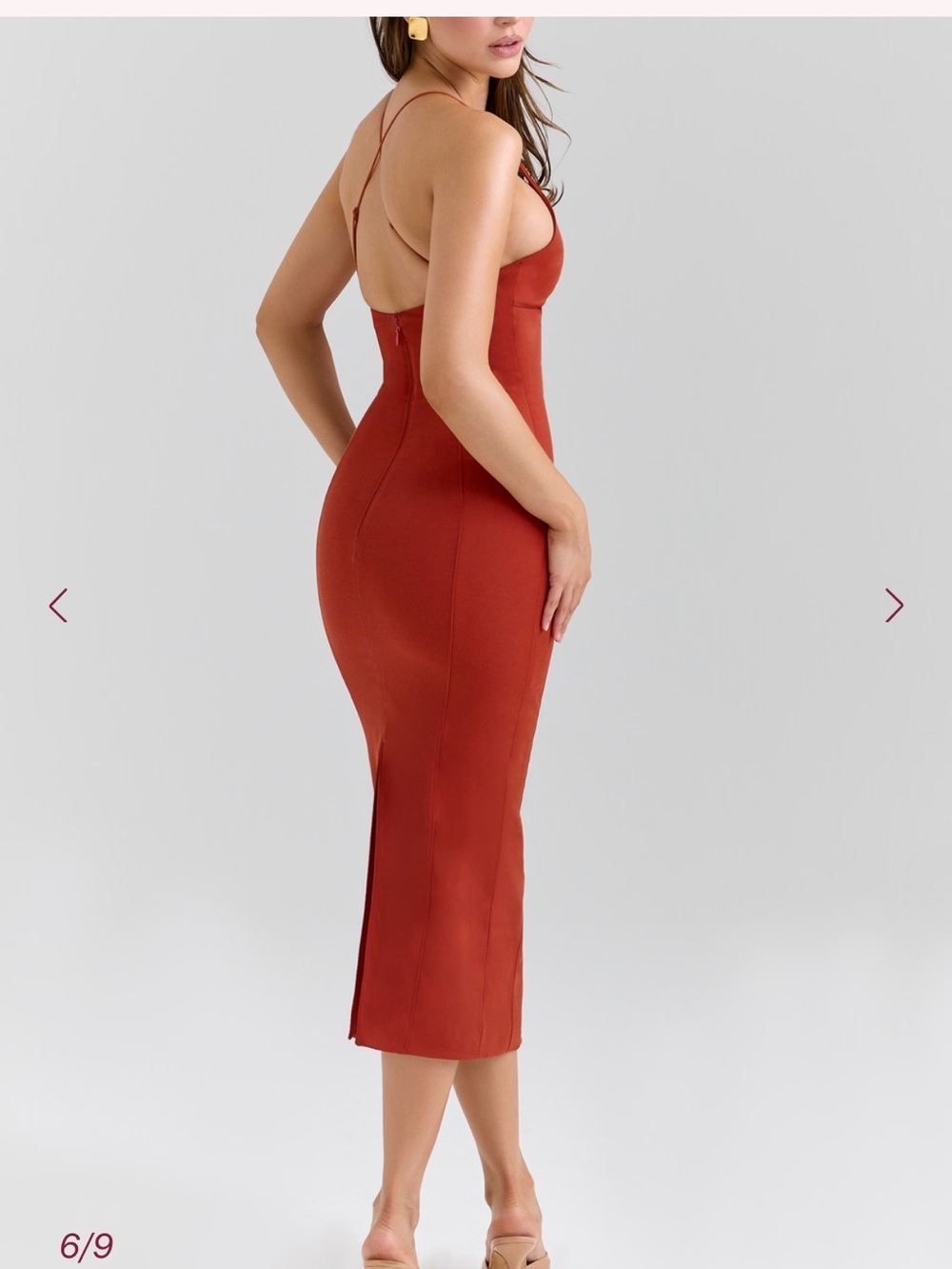 Rust Bodycon Midi Dress with Spaghetti Straps - Picture 2 of 9